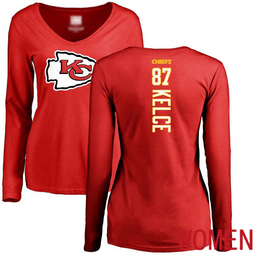 Women Football Kansas City Chiefs #87 Kelce Travis Red Backer Slim Fit Long Sleeve T-Shirt